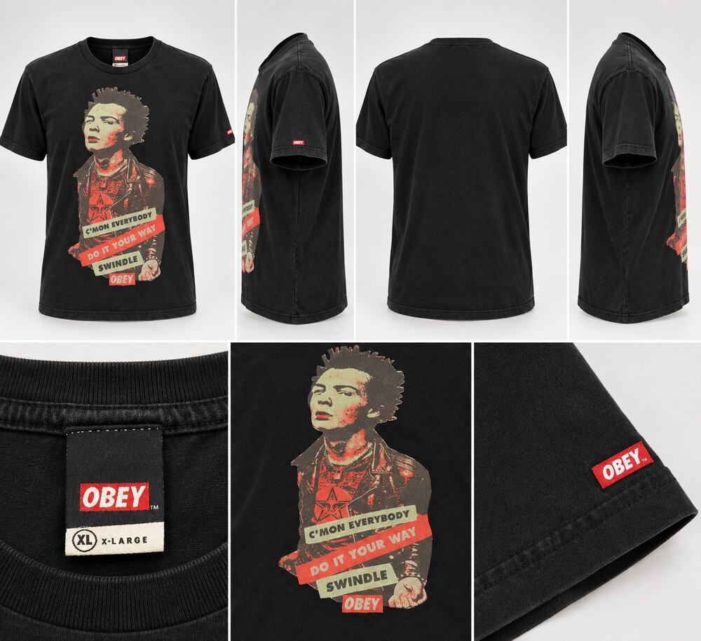 Rare OBEY Shepard Fairey Sex Pistols Sid Vicious Swindle Tee Mens XL Made In USA